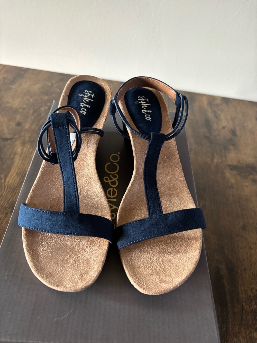 Style & Co. Navy T-Strap Sandals with Ankle Wrap